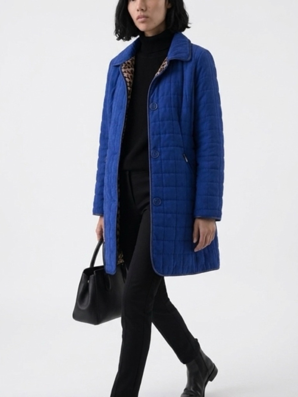Pamela McCoy Royal Blue Quilted Coat with Leopard Lining